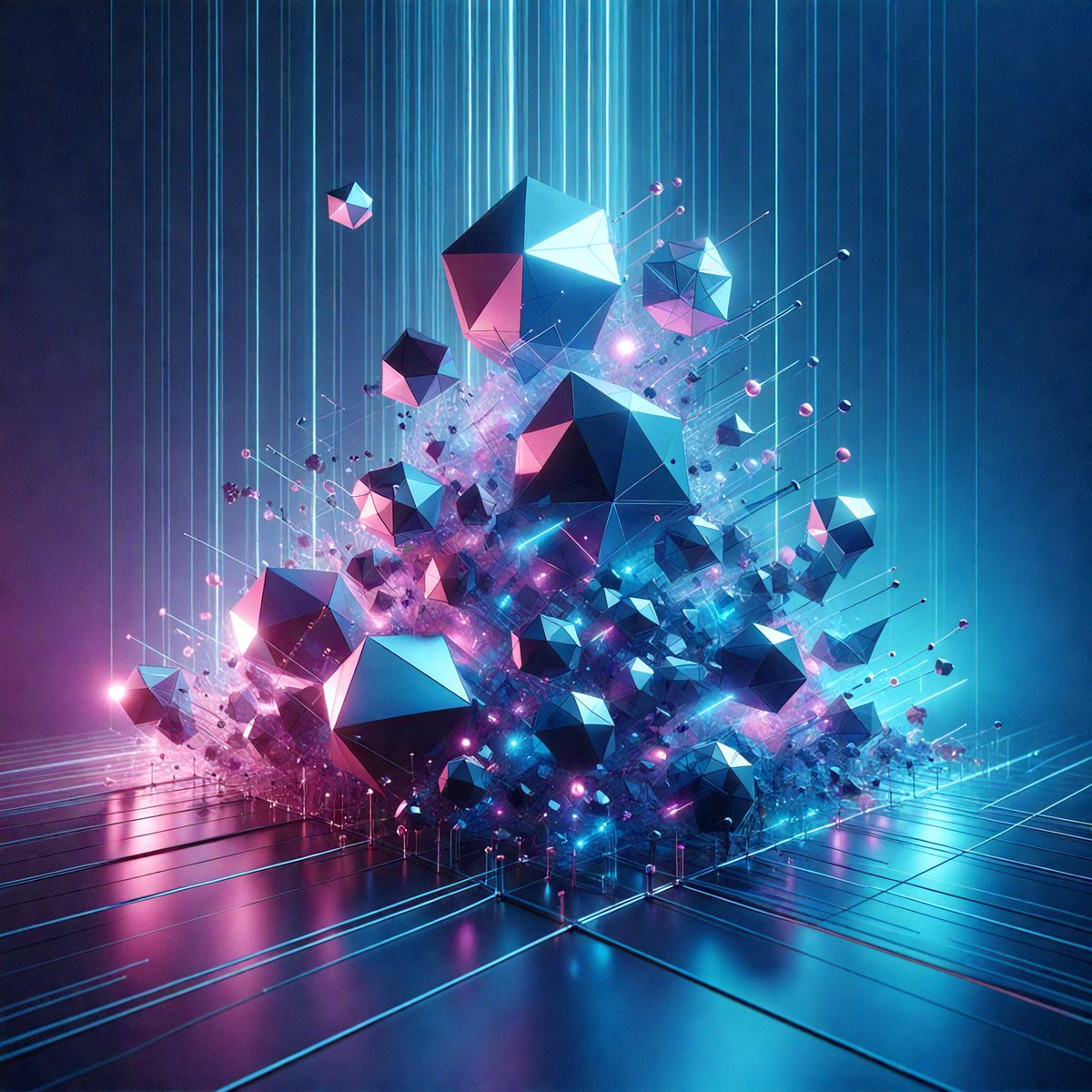 The primary subject of the image is a three-dimensional geometric structure, possibly a cube or a similar shape, with a blue and pink color scheme. The setting is a dark background, which contrasts with the bright colors of the geometric structure. The visual style appears to be a digital art or illustration, as the structure is composed of many small cubes or triangles. The overall atmosphere of the image is vibrant and visually appealing, with the blue and pink colors creating a sense of depth and dimension.